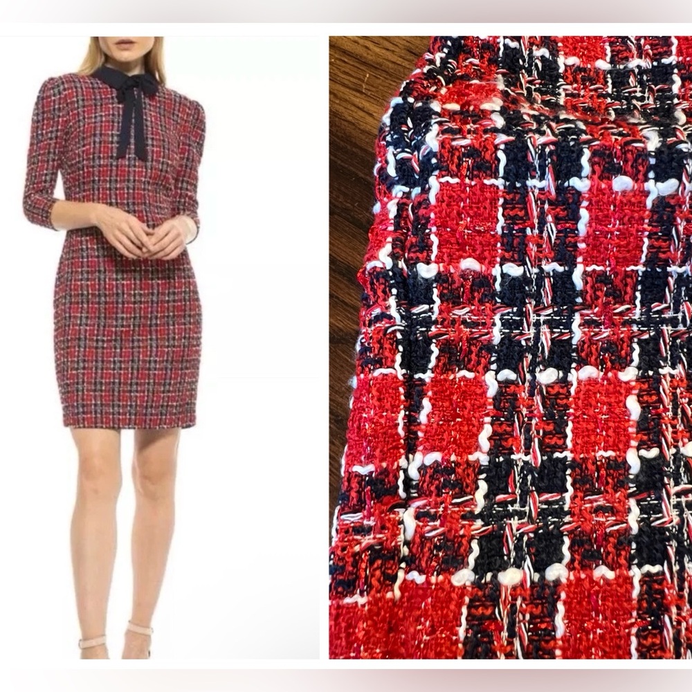 ALEXIA ADMOR NWT Camilla Red Plaid Tweed Sheath Dress Women’s 8 Collar Bow Mini
